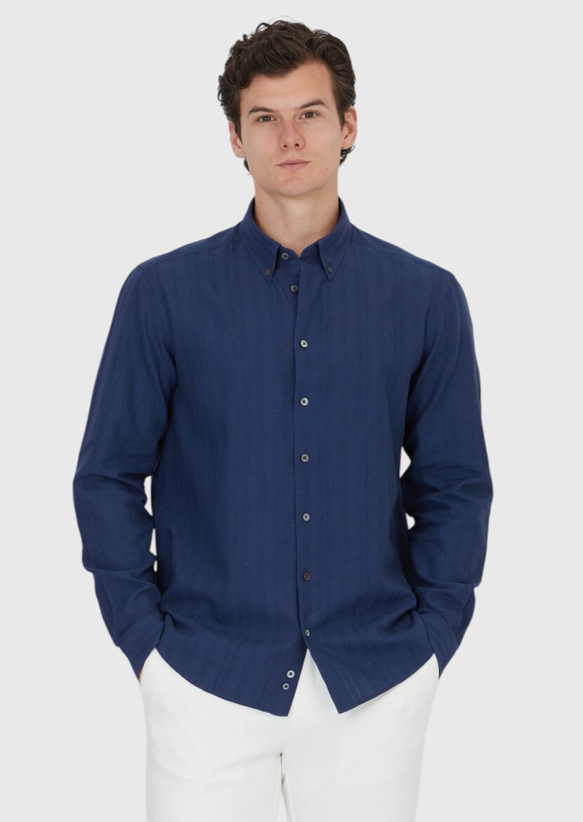 Navy Blue Plain Casual Fit Long Weaving Casual Cotton Blended Shirt - RAMSEY