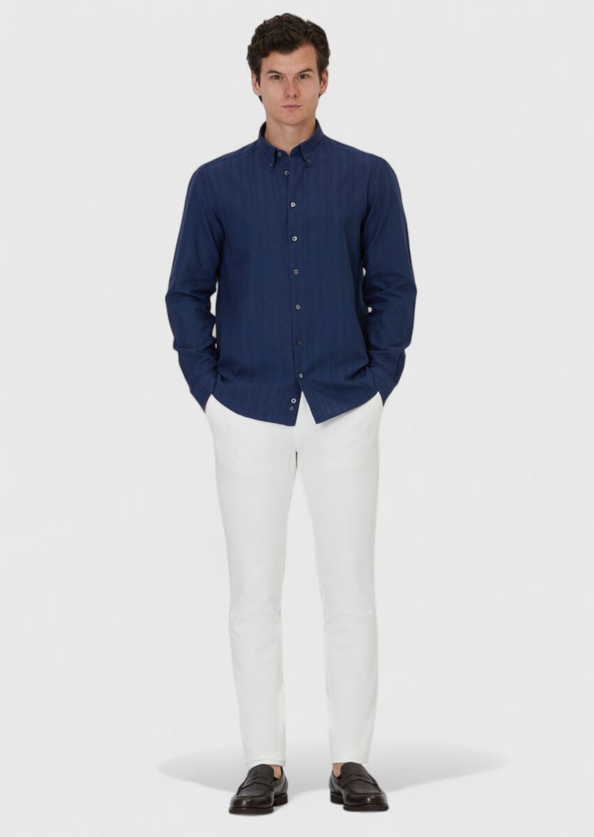 Navy Blue Plain Casual Fit Long Weaving Casual Cotton Blended Shirt - 2