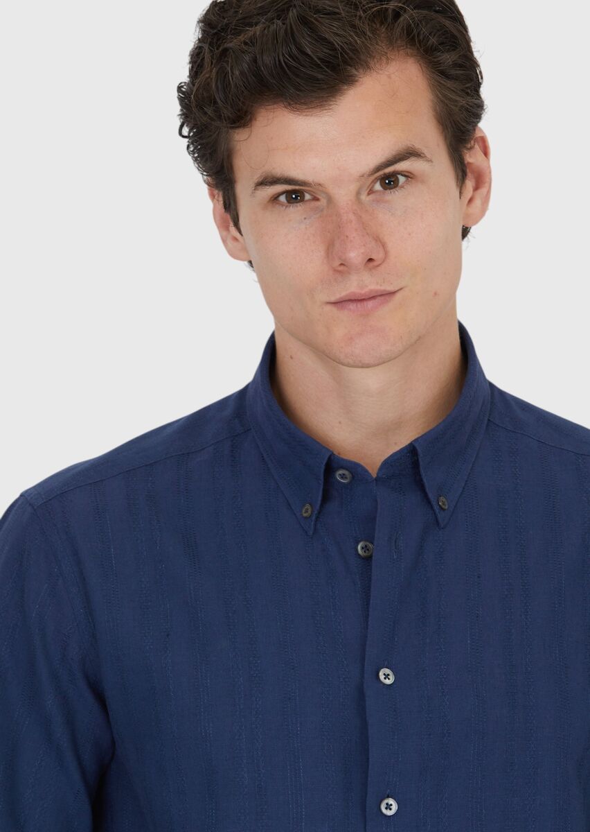 Navy Blue Plain Casual Fit Long Weaving Casual Cotton Blended Shirt - 3