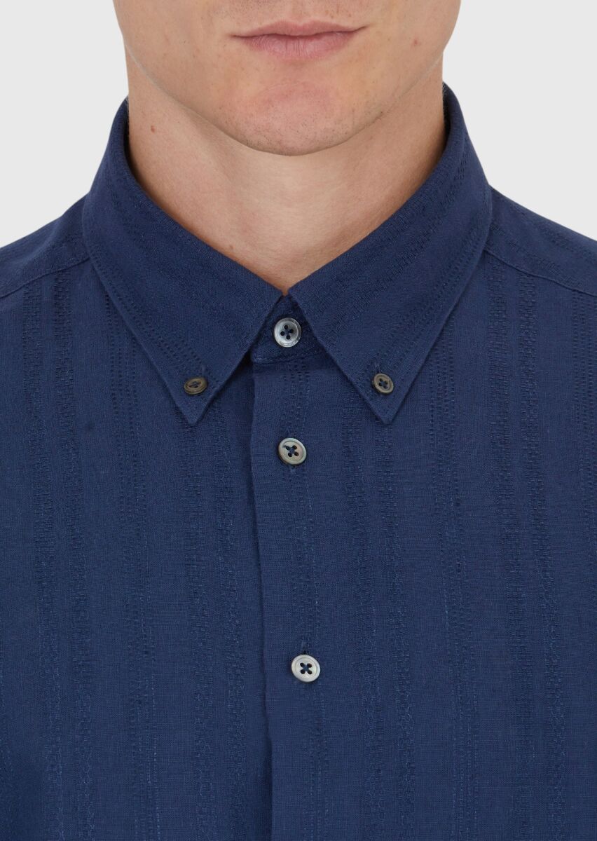 Navy Blue Plain Casual Fit Long Weaving Casual Cotton Blended Shirt - 4