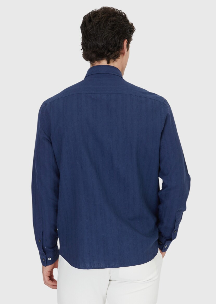 Navy Blue Plain Casual Fit Long Weaving Casual Cotton Blended Shirt - 5