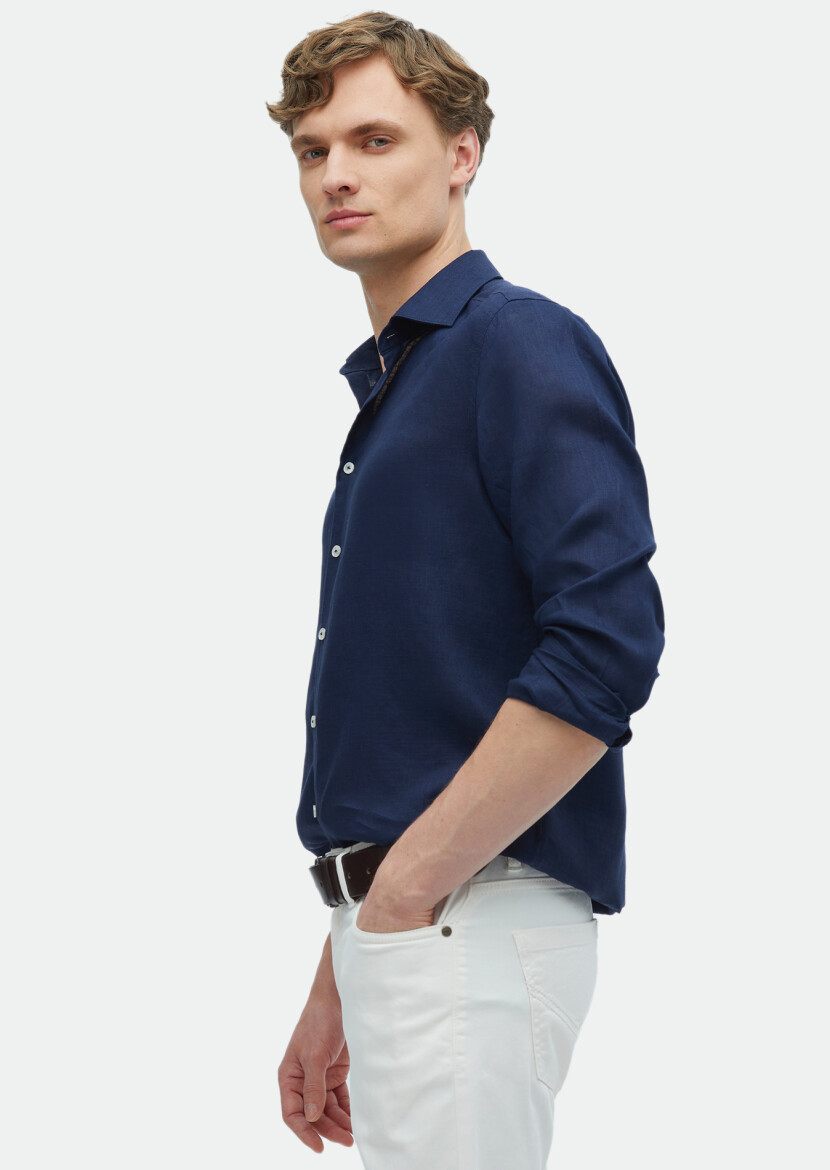 Navy Blue Plain Casual Fit Weaving Casual 100% Linen Shirt 