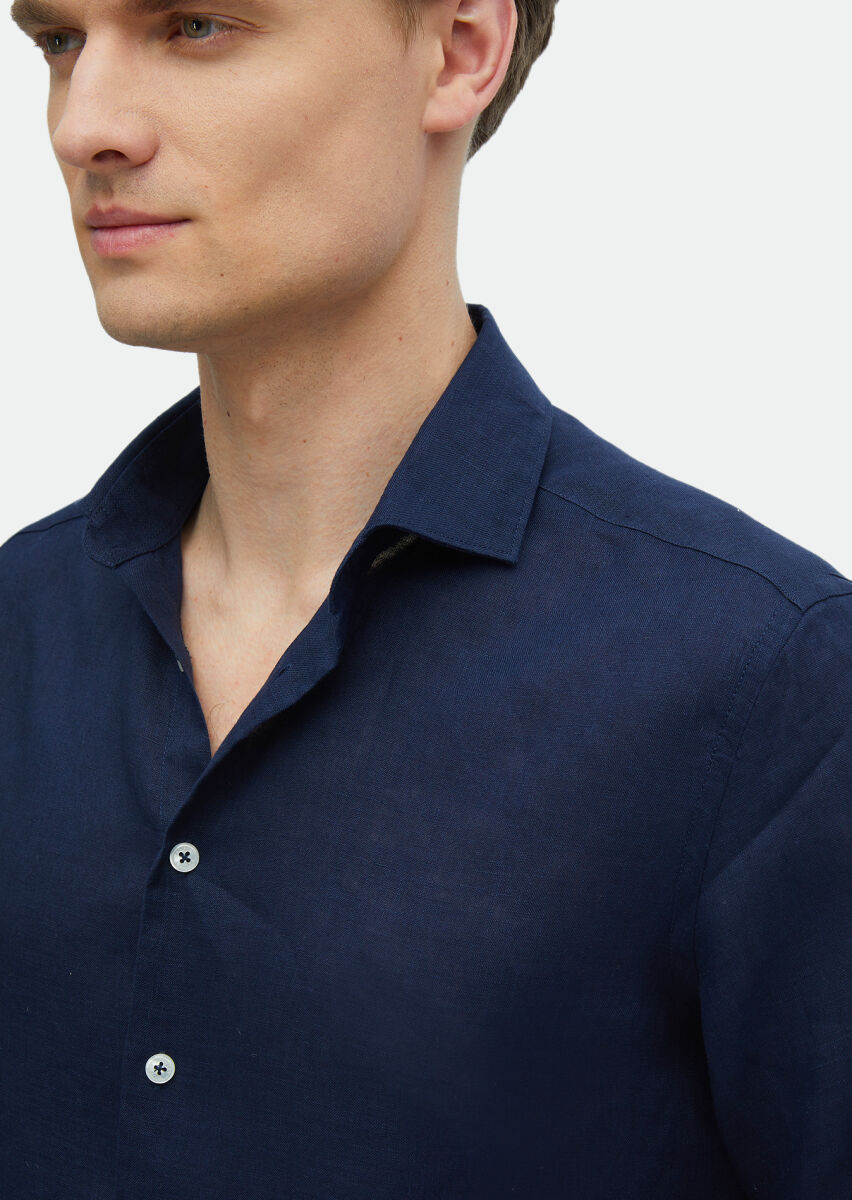 Navy Blue Plain Casual Fit Weaving Casual 100% Linen Shirt - 4