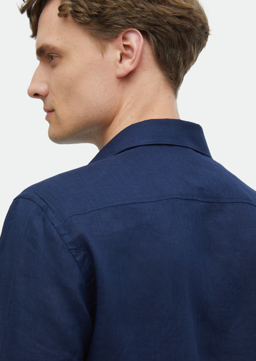 Navy Blue Plain Casual Fit Weaving Casual 100% Linen Shirt - 5
