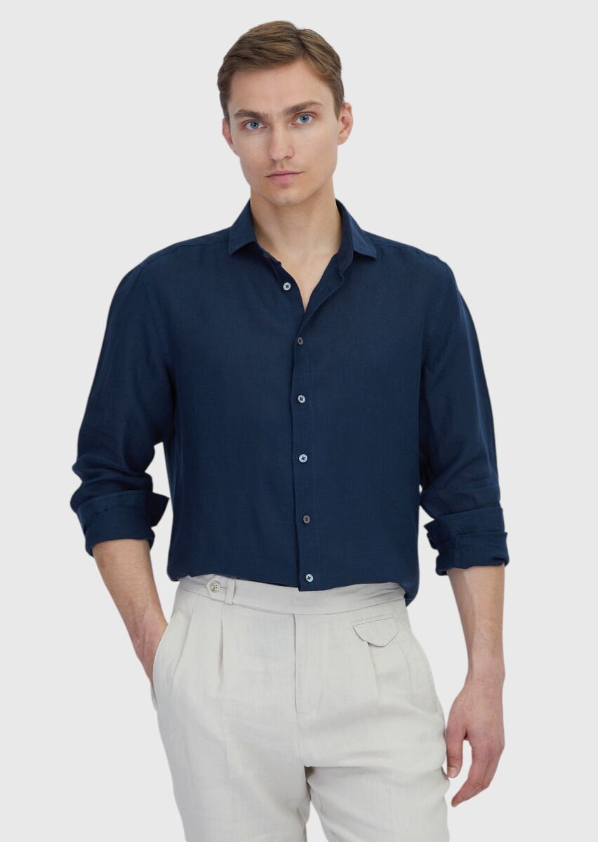 Navy Blue Plain Casual Fit Weaving Casual 100% Linen Shirt - 1