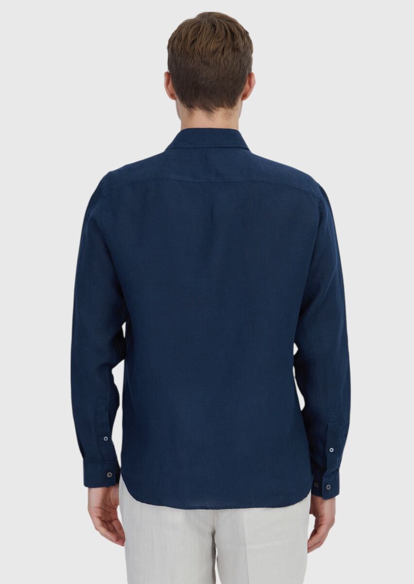 Navy Blue Plain Casual Fit Weaving Casual 100% Linen Shirt - 5
