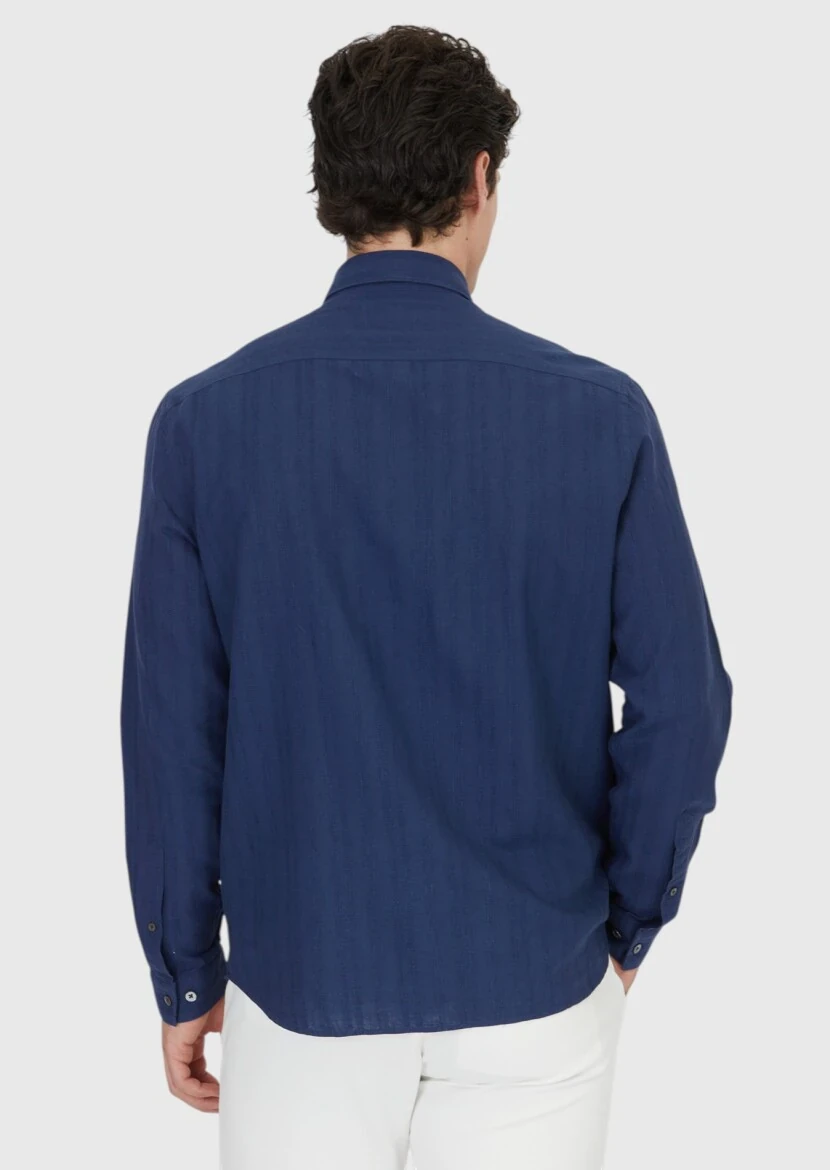 Navy Blue Plain Casual Fit Weaving Casual Cotton Blended Shirt - 5