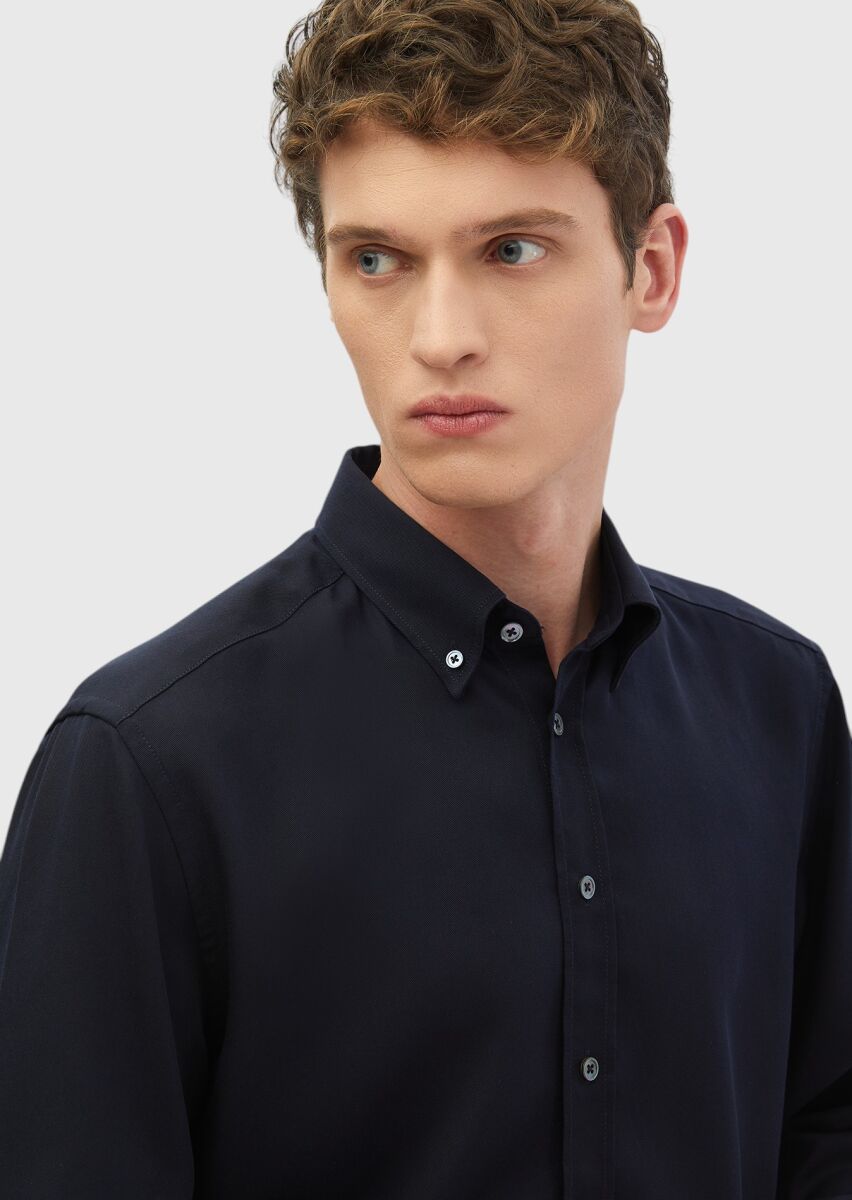 Navy Blue Plain Casual Fit Weaving Casual Shirt - 3