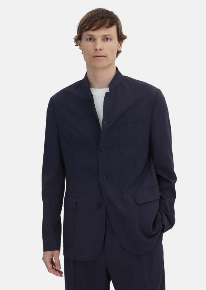 Navy Blue Plain Casual Fit Wool Blended Suit - RAMSEY