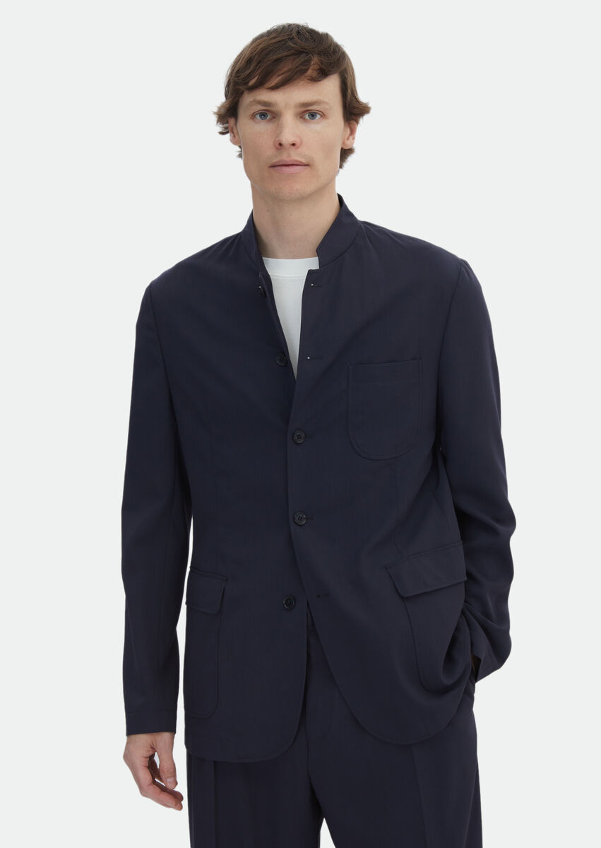 Navy Blue Plain Casual Fit Wool Blended Suit - 1