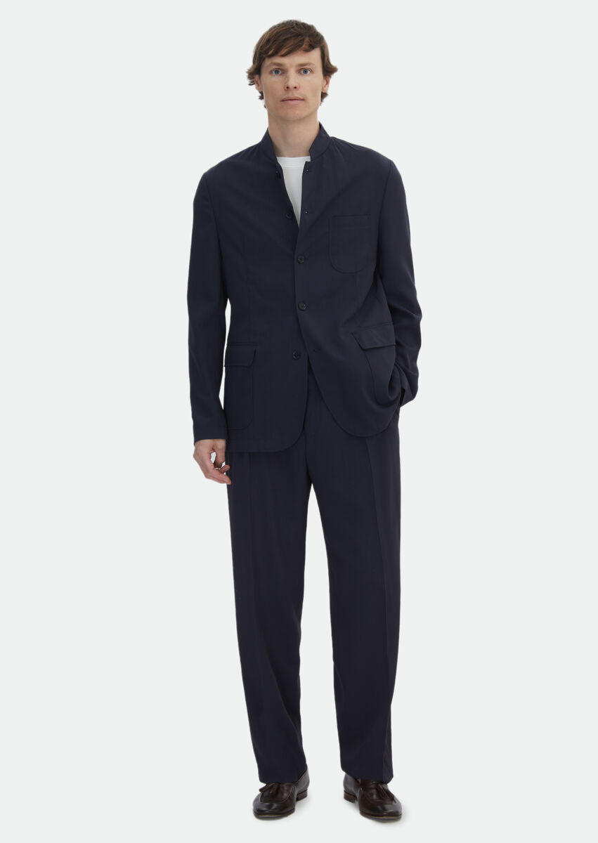 Navy Blue Plain Casual Fit Wool Blended Suit - 2