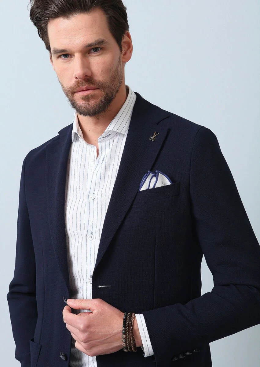 Navy Blue Plain Comfort Fit 100% Wool Jacket - 1