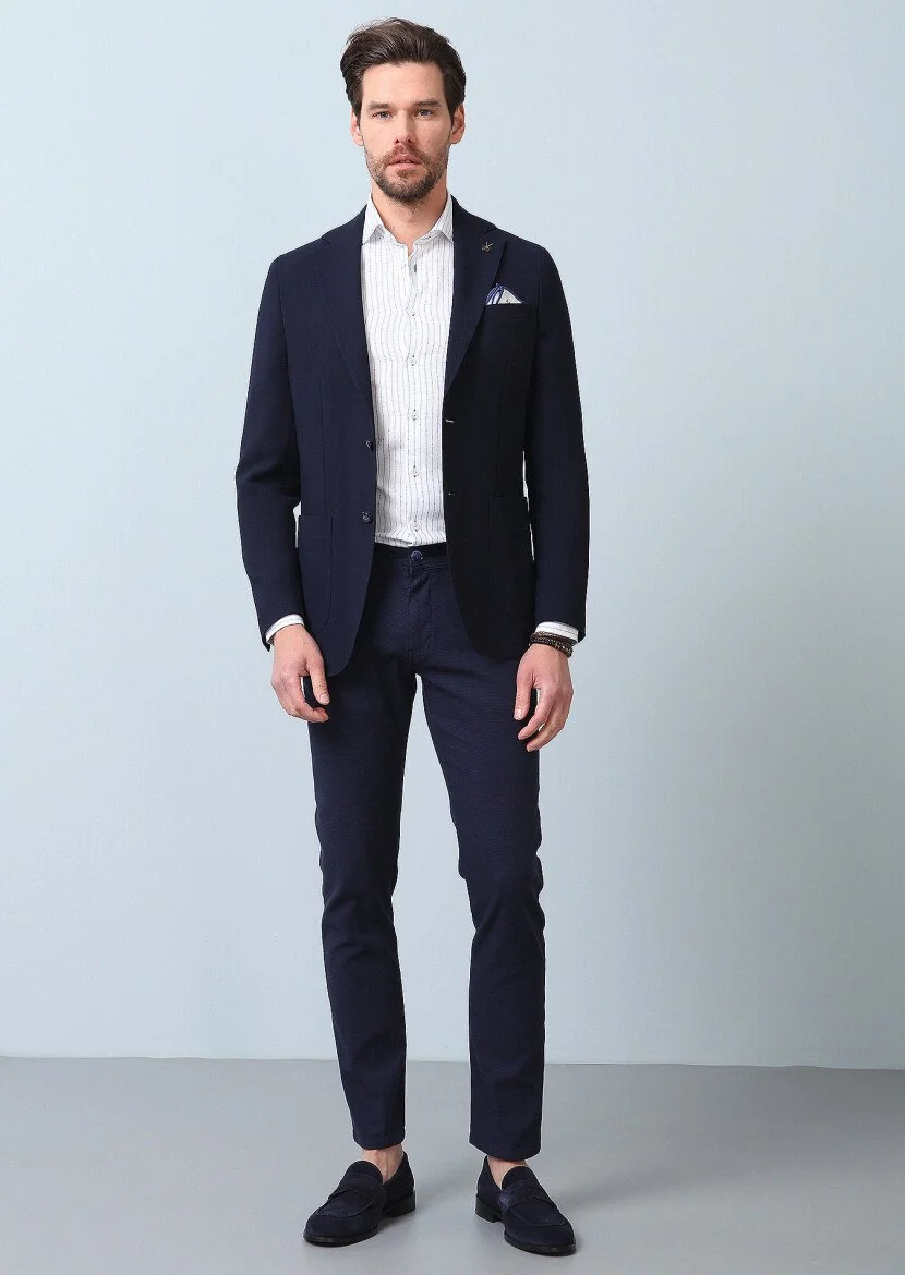 Navy Blue Plain Comfort Fit 100% Wool Jacket - 4