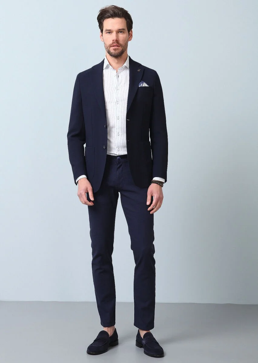 Navy Blue Plain Comfort Fit 100% Wool Jacket - 4