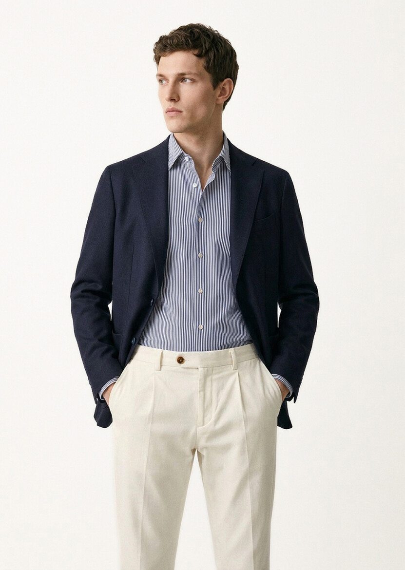 Navy Blue Plain Comfort Fit 100% Wool Jacket - RAMSEY