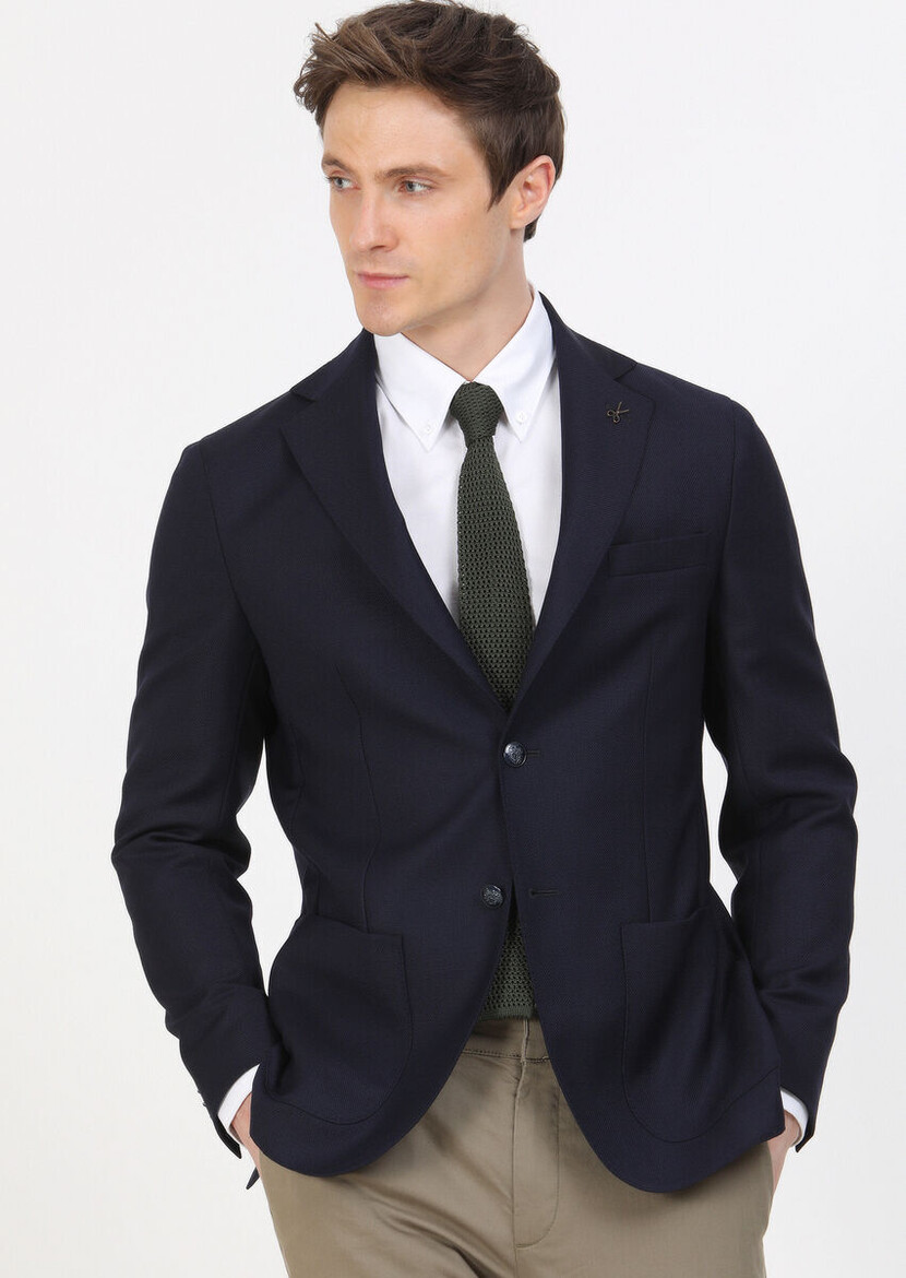 Navy Blue Plain Comfort Fit 100% Wool Jacket - 1