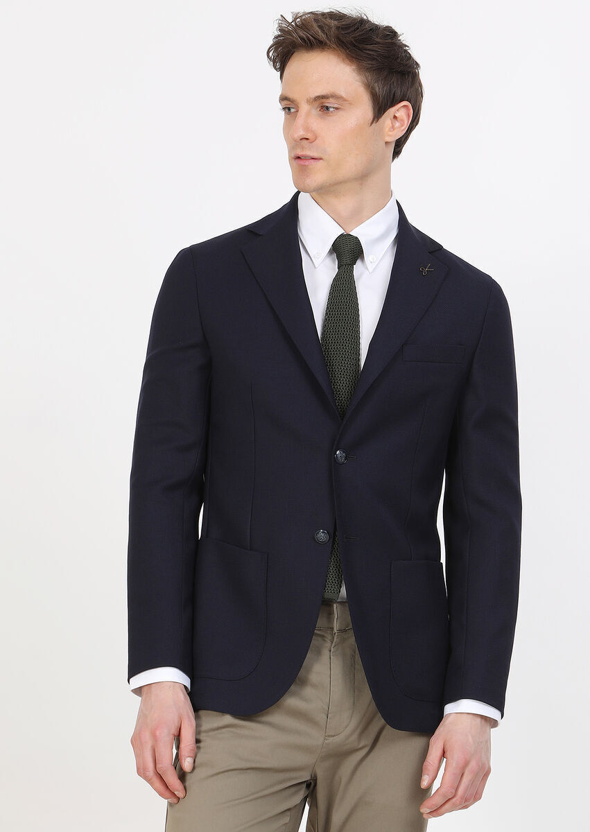 Navy Blue Plain Comfort Fit 100% Wool Jacket - 2