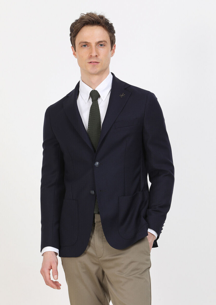 Navy Blue Plain Comfort Fit 100% Wool Jacket - 3