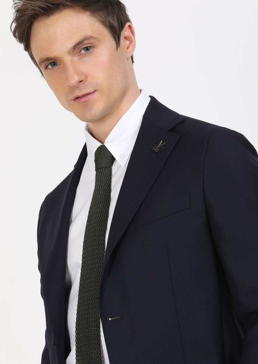 Navy Blue Plain Comfort Fit 100% Wool Jacket - 4