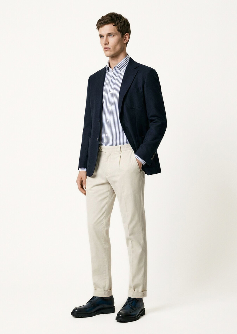 Navy Blue Plain Comfort Fit 100% Wool Jacket - 4