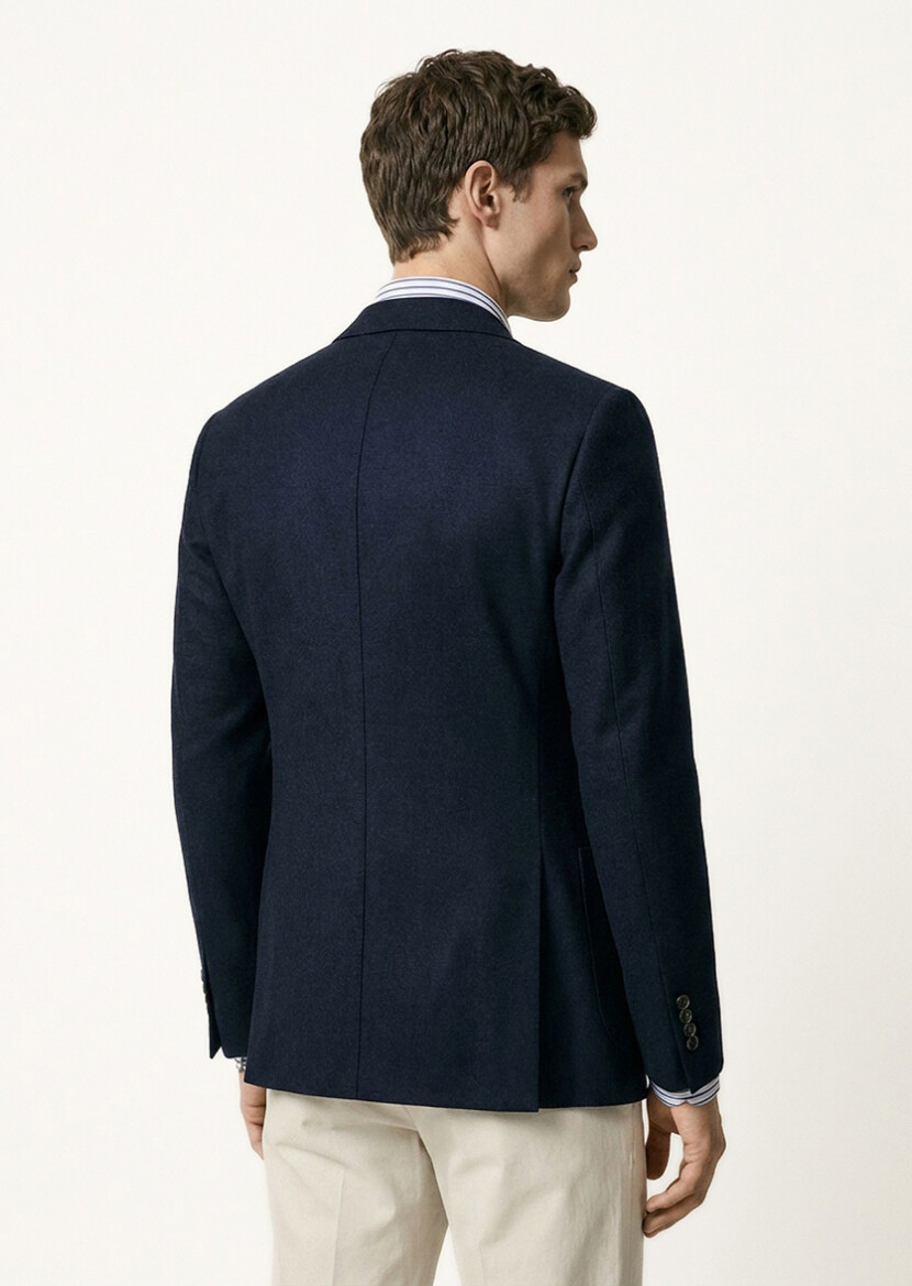 Navy Blue Plain Comfort Fit 100% Wool Jacket - 6