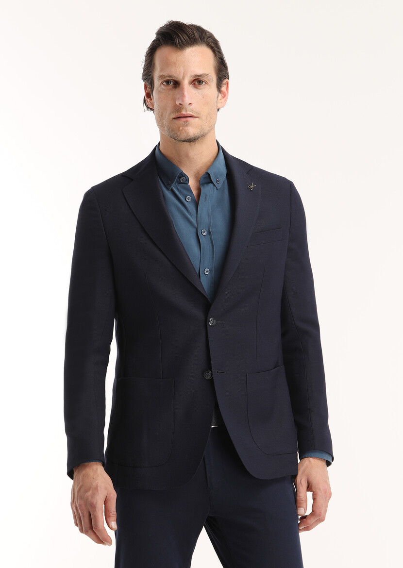 Navy Blue Plain Comfort Fit 100% Wool Jacket - 1