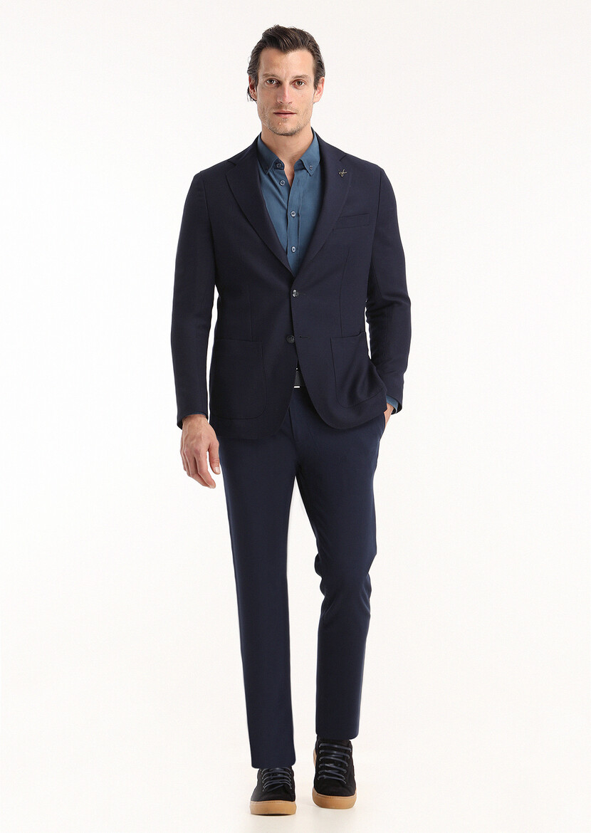 Navy Blue Plain Comfort Fit 100% Wool Jacket - 2