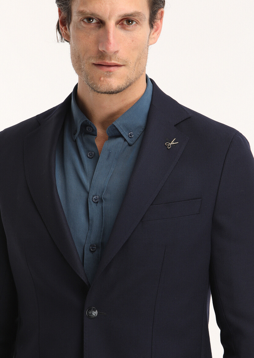 Navy Blue Plain Comfort Fit 100% Wool Jacket - 3