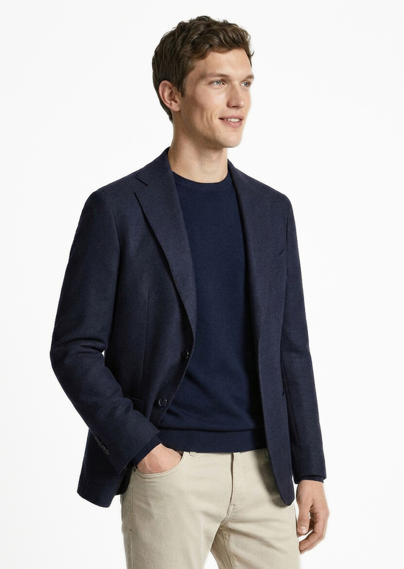 Navy Blue Plain Comfort Fit 100% Wool Jacket - RAMSEY