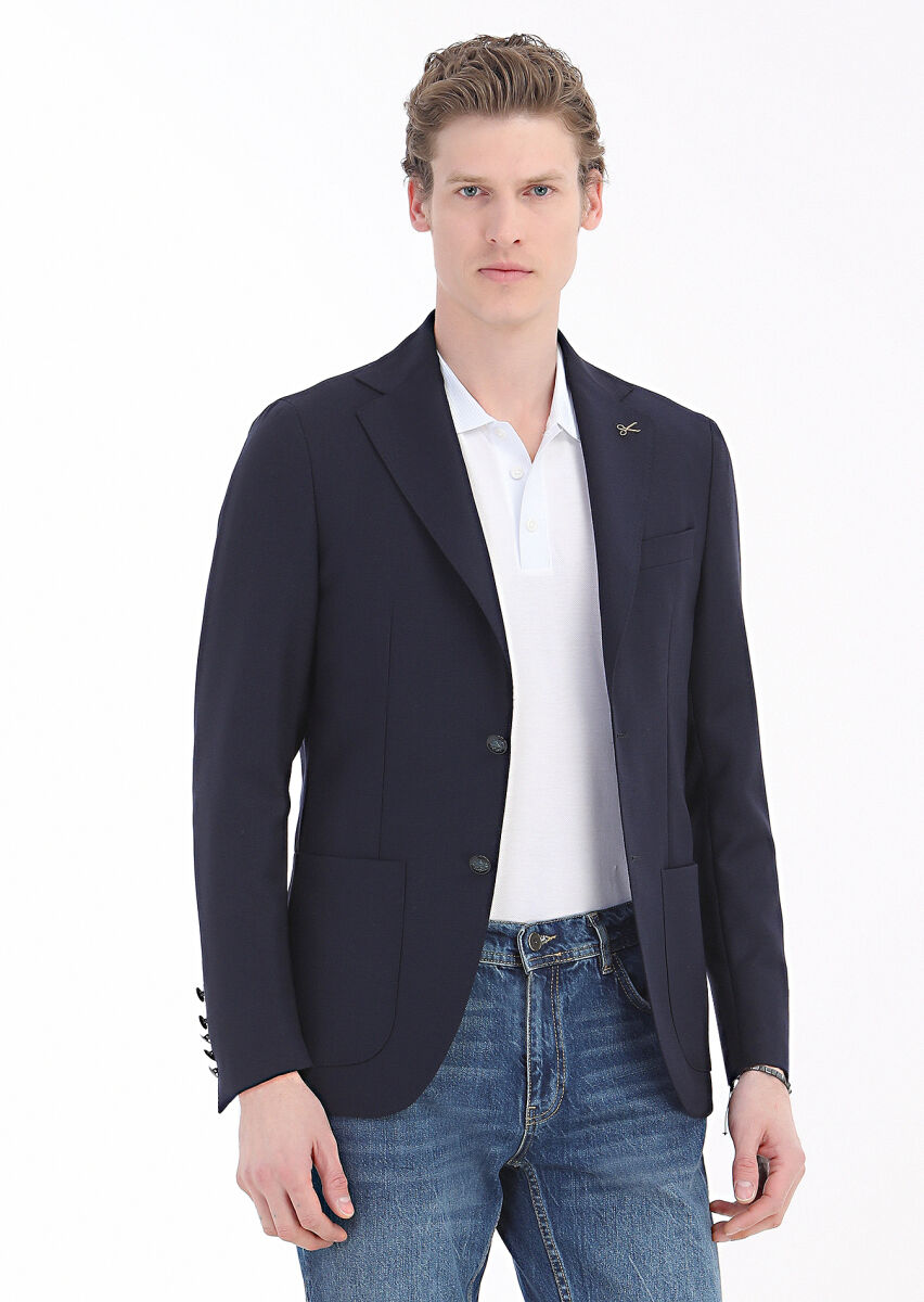 Navy Blue Plain Comfort Fit 100% Wool Jacket - 1