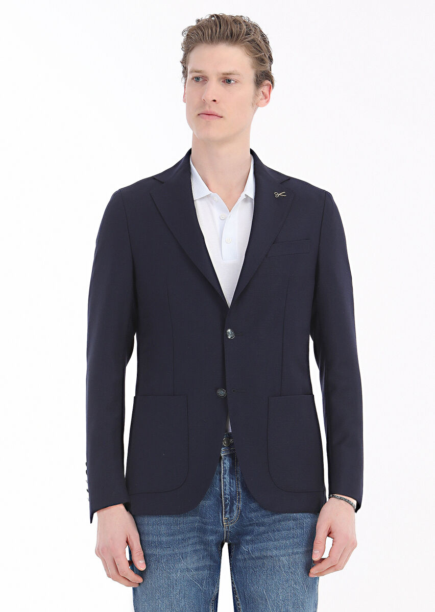 Navy Blue Plain Comfort Fit 100% Wool Jacket - 3