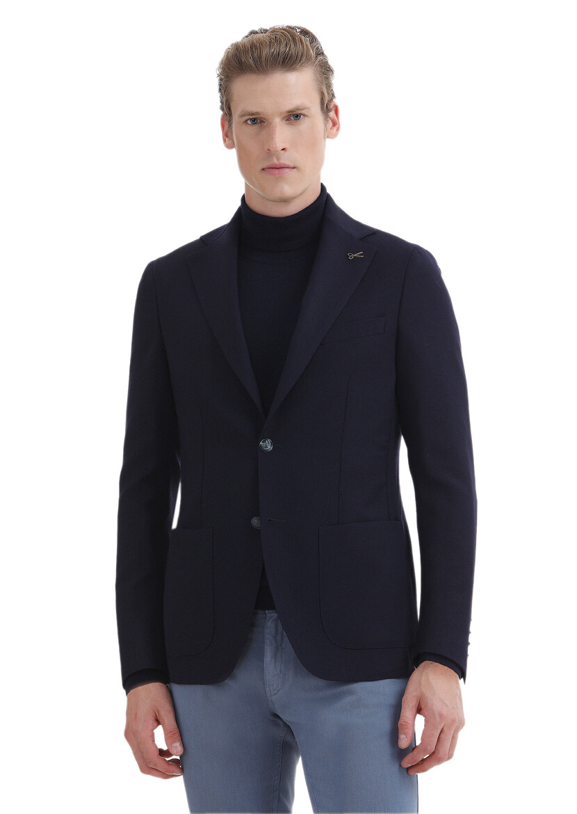 Navy Blue Plain Comfort Fit 100% Wool Jacket - 1