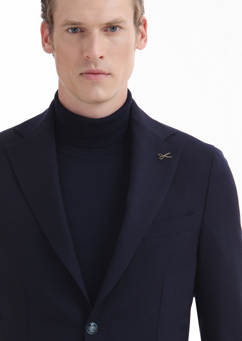 Navy Blue Plain Comfort Fit 100% Wool Jacket - 3