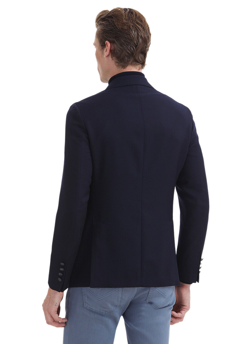 Navy Blue Plain Comfort Fit 100% Wool Jacket - 5