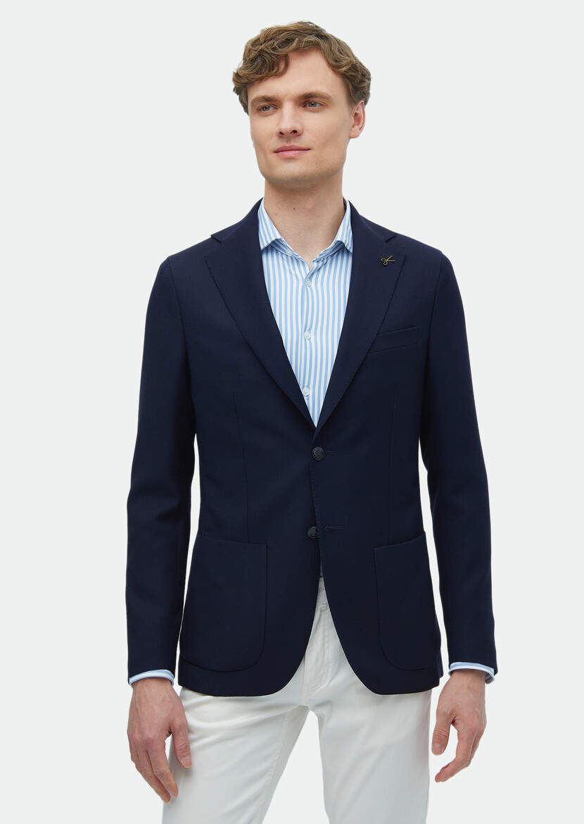 Navy Blue Plain Comfort Fit 100% Wool Jacket - 1