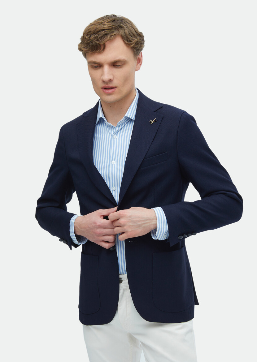 Navy Blue Plain Comfort Fit 100% Wool Jacket - 3