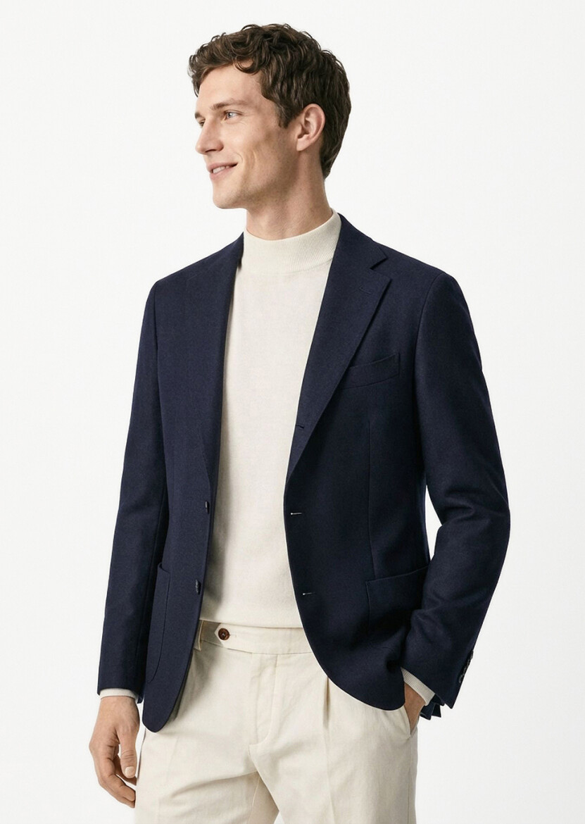 Navy Blue Plain Comfort Fit 100% Wool Jacket - RAMSEY