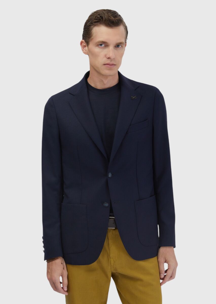 Navy Blue Plain Comfort Fit 100% Wool Jacket - 1