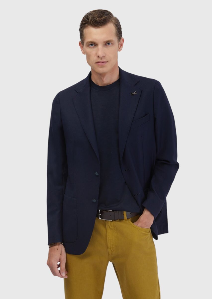 Navy Blue Plain Comfort Fit 100% Wool Jacket - 3