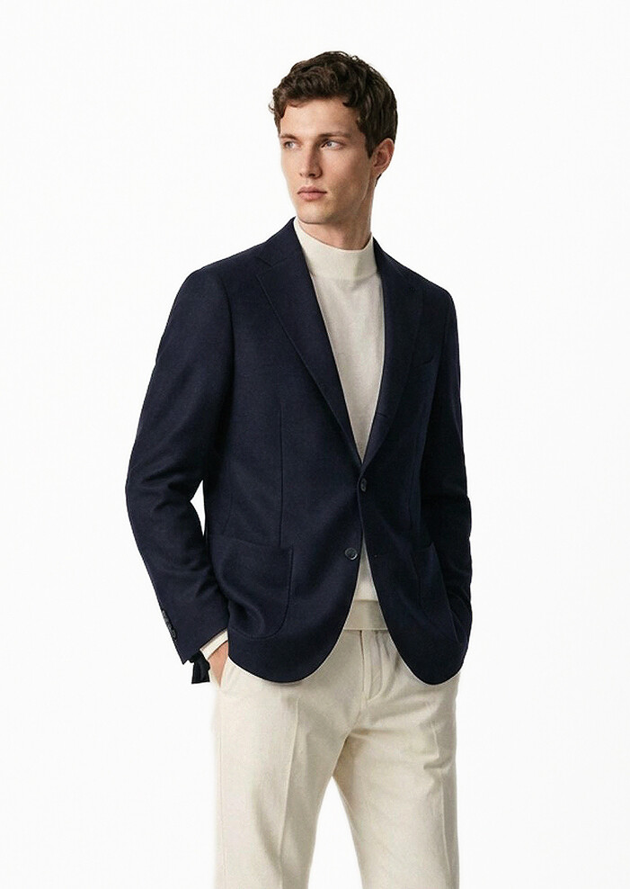 Navy Blue Plain Comfort Fit 100% Wool Jacket - 3