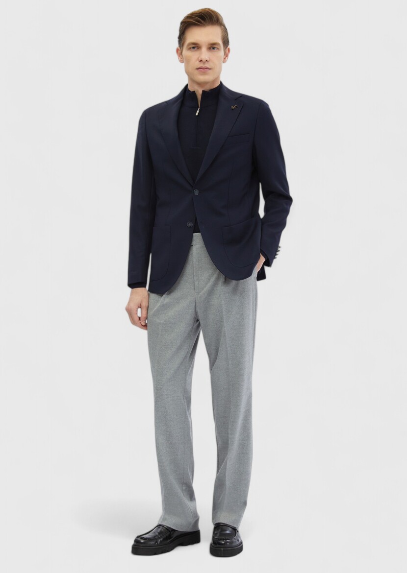 Navy Blue Plain Comfort Fit 100% Wool Jacket - 2