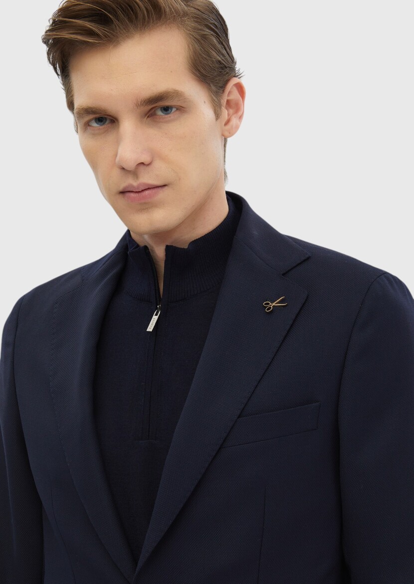 Navy Blue Plain Comfort Fit 100% Wool Jacket - 4