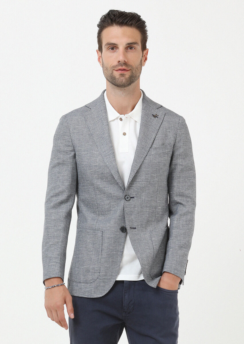 Navy Blue Plain Comfort Fit Linen Blended Jacket - 1