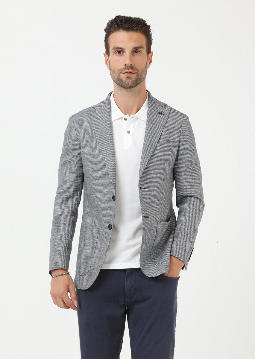 Navy Blue Plain Comfort Fit Linen Blended Jacket - 2