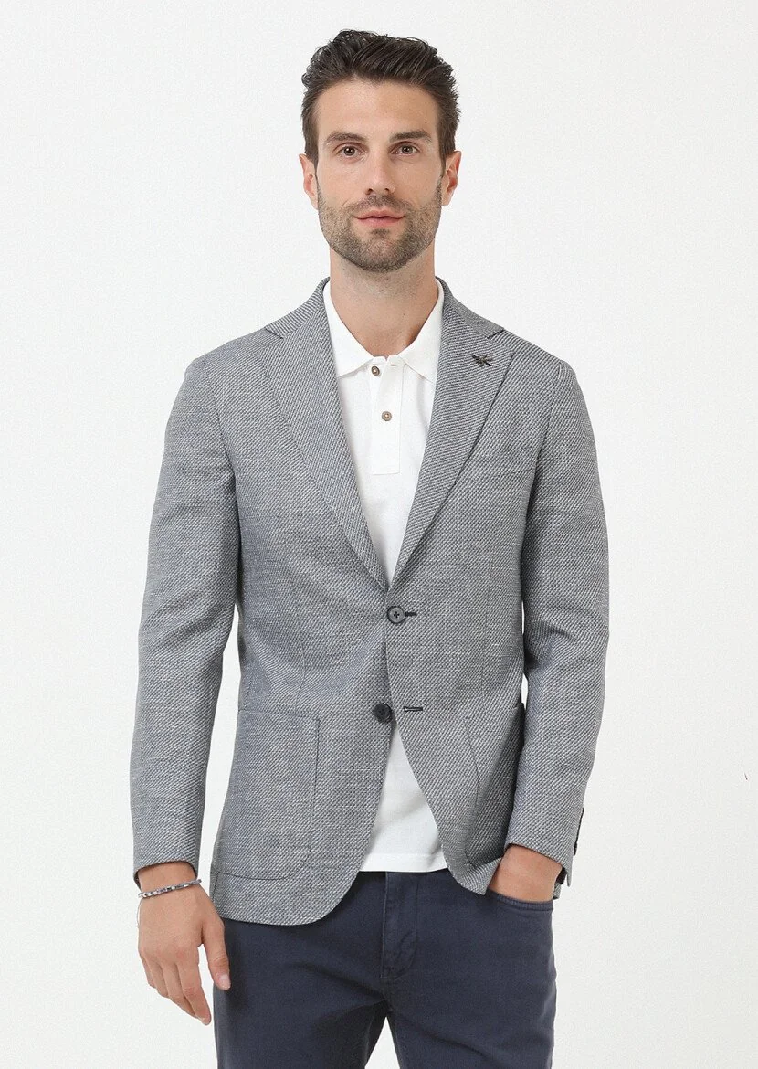 Navy Blue Plain Comfort Fit Linen Blended Jacket - 1