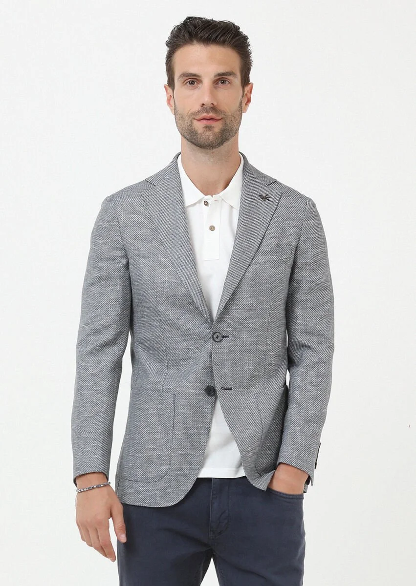 Navy Blue Plain Comfort Fit Linen Blended Jacket - 1