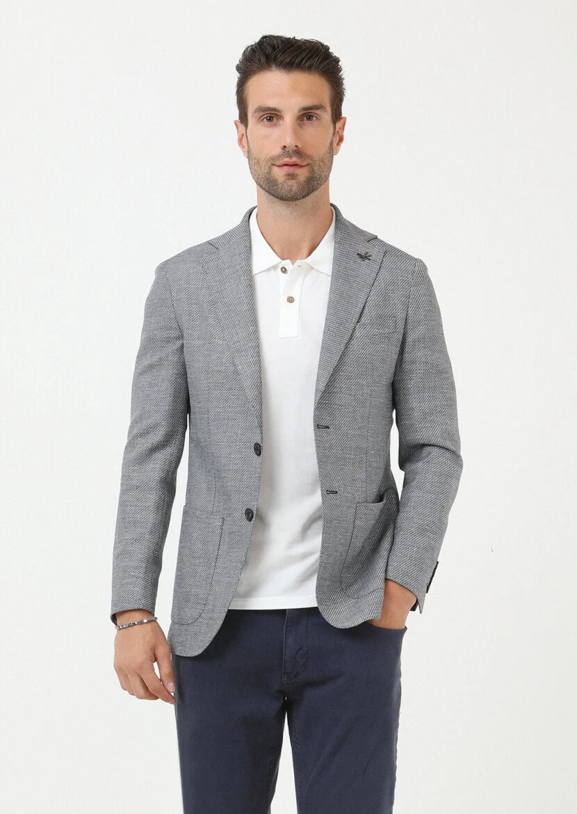 Navy Blue Plain Comfort Fit Linen Blended Jacket - 3