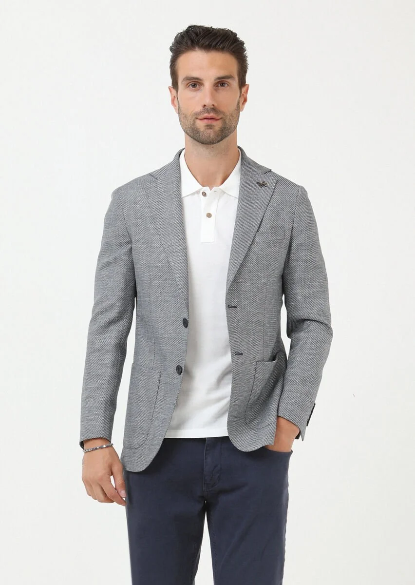 Navy Blue Plain Comfort Fit Linen Blended Jacket - 3