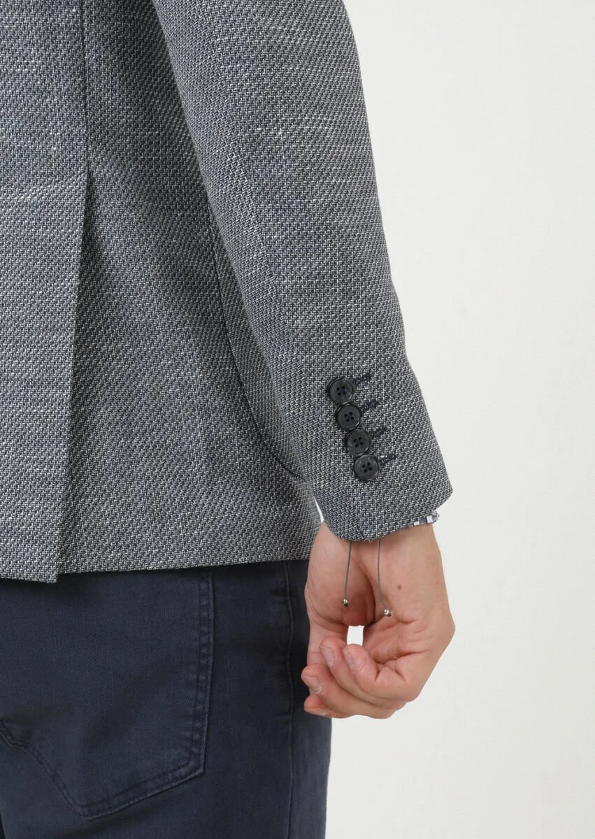 Navy Blue Plain Comfort Fit Linen Blended Jacket - 4