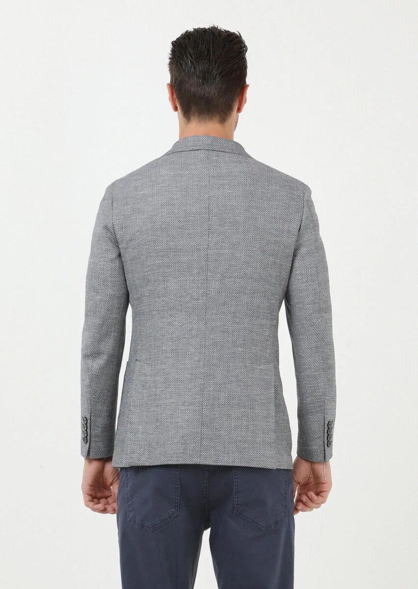 Navy Blue Plain Comfort Fit Linen Blended Jacket - 5